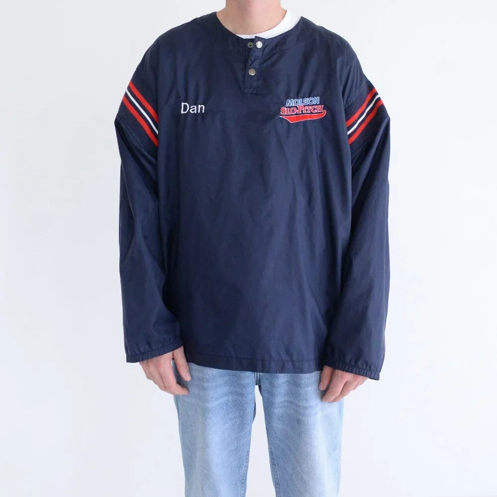 VTG Plain Simple Clothing Molson Slow Pitch Navy Button Collar Nylon Windbreaker